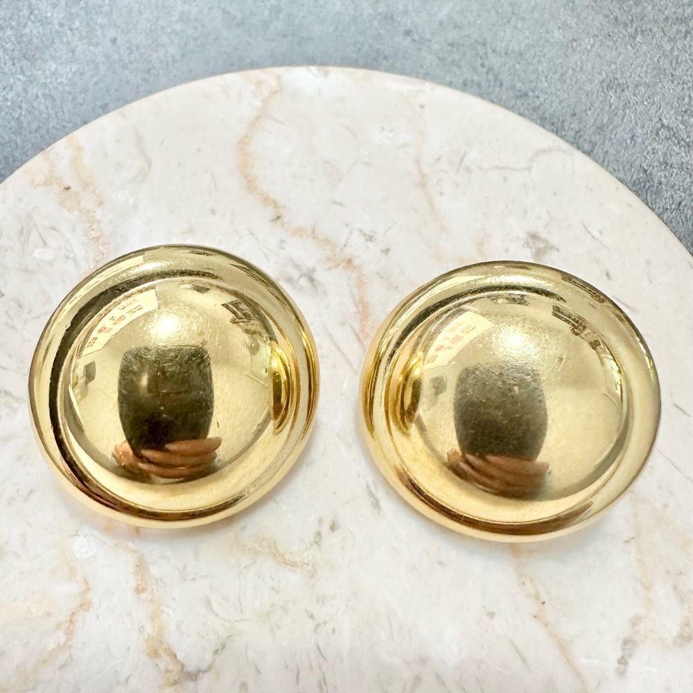 Vintage 1980's Monet Gold Tone Dome Round Clip On Statement Earrings - Picture 2 of 5